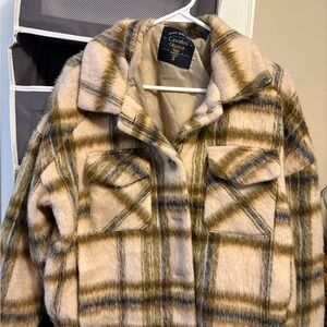 Cavalini Women's Plaid Teddy Jacket - Cream, Brown, and Blue with faux fur.